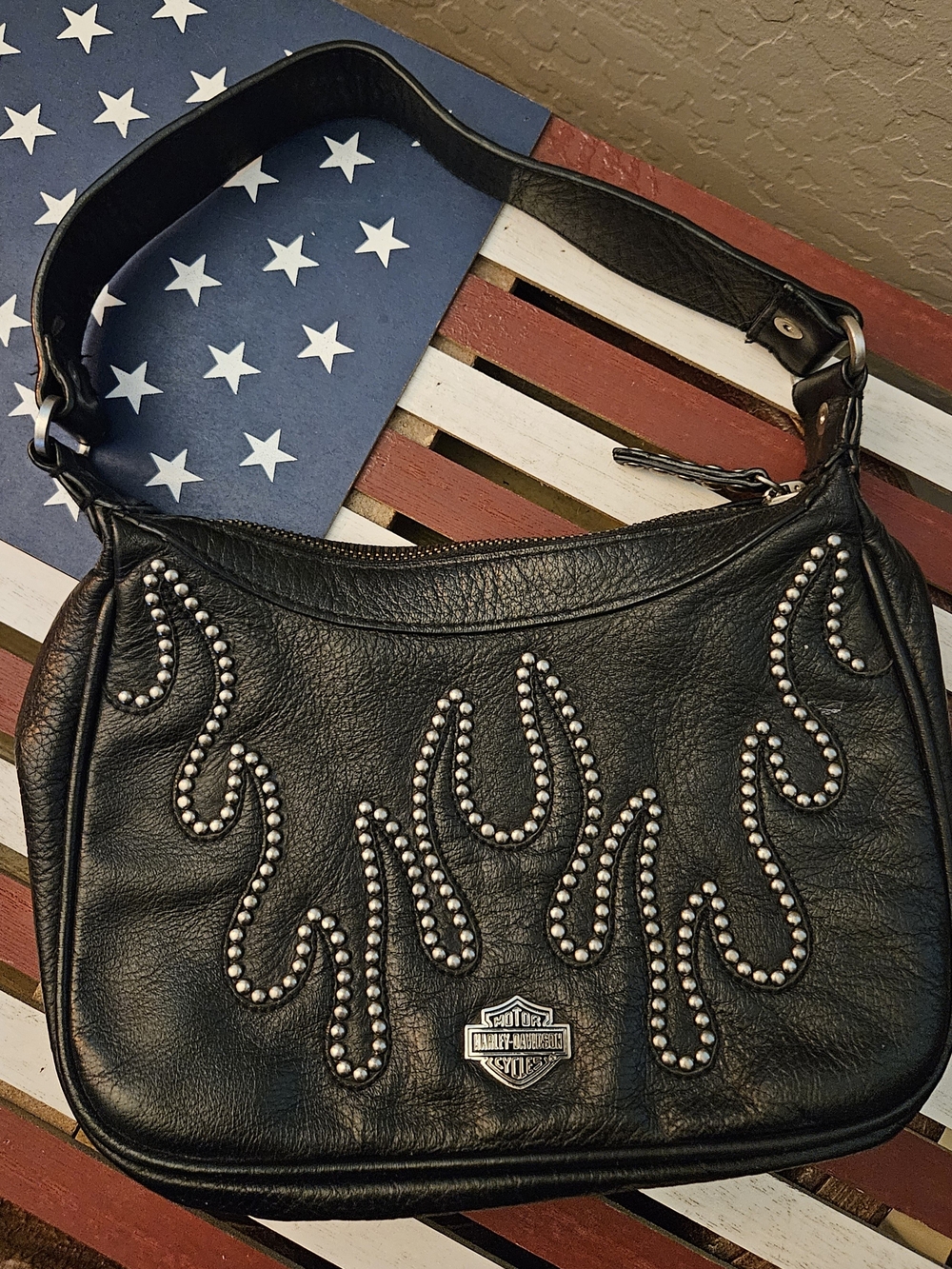Harley-Davidson Black Leather Stud Flame Shoulder Bag
